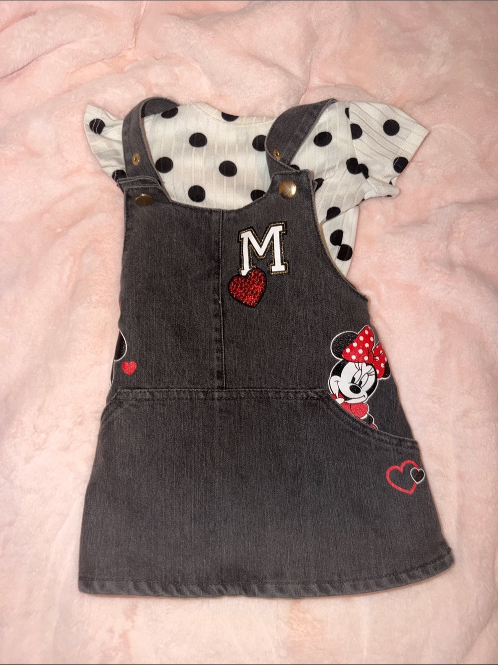 Disney Black Denim Minnie Mouse Overall Dress with Polka Dot Top